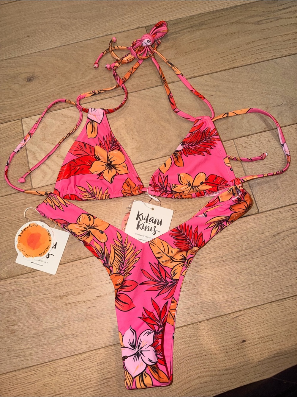Kulani Kinis Hot Pink Floral Triangle Bikini with Orange Accents